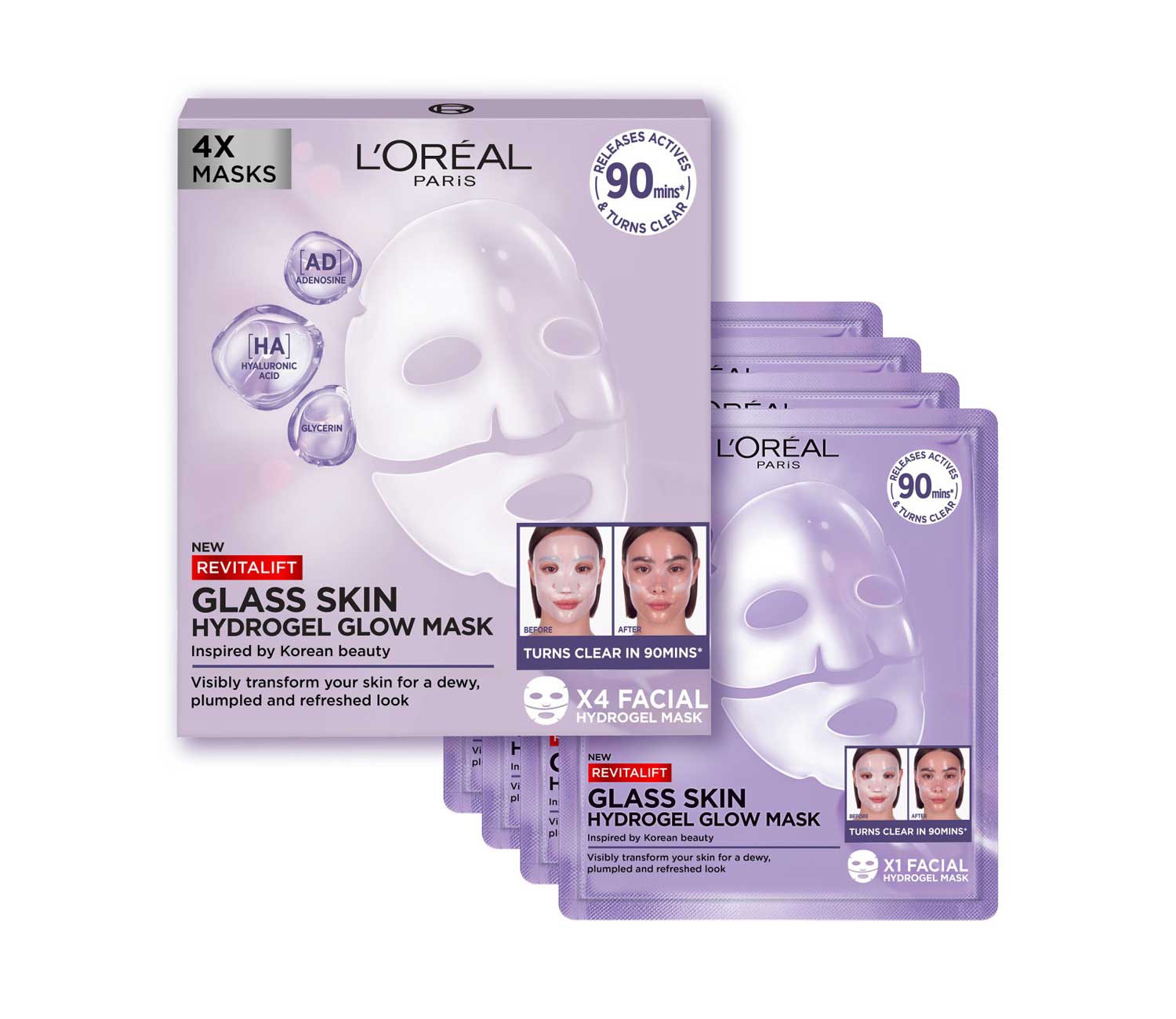 L'Oréal Paris Revitalift Glass Skin Hydrogel Glow Mask 4x, Korean Skincare Inspired Face Masks, 4pc