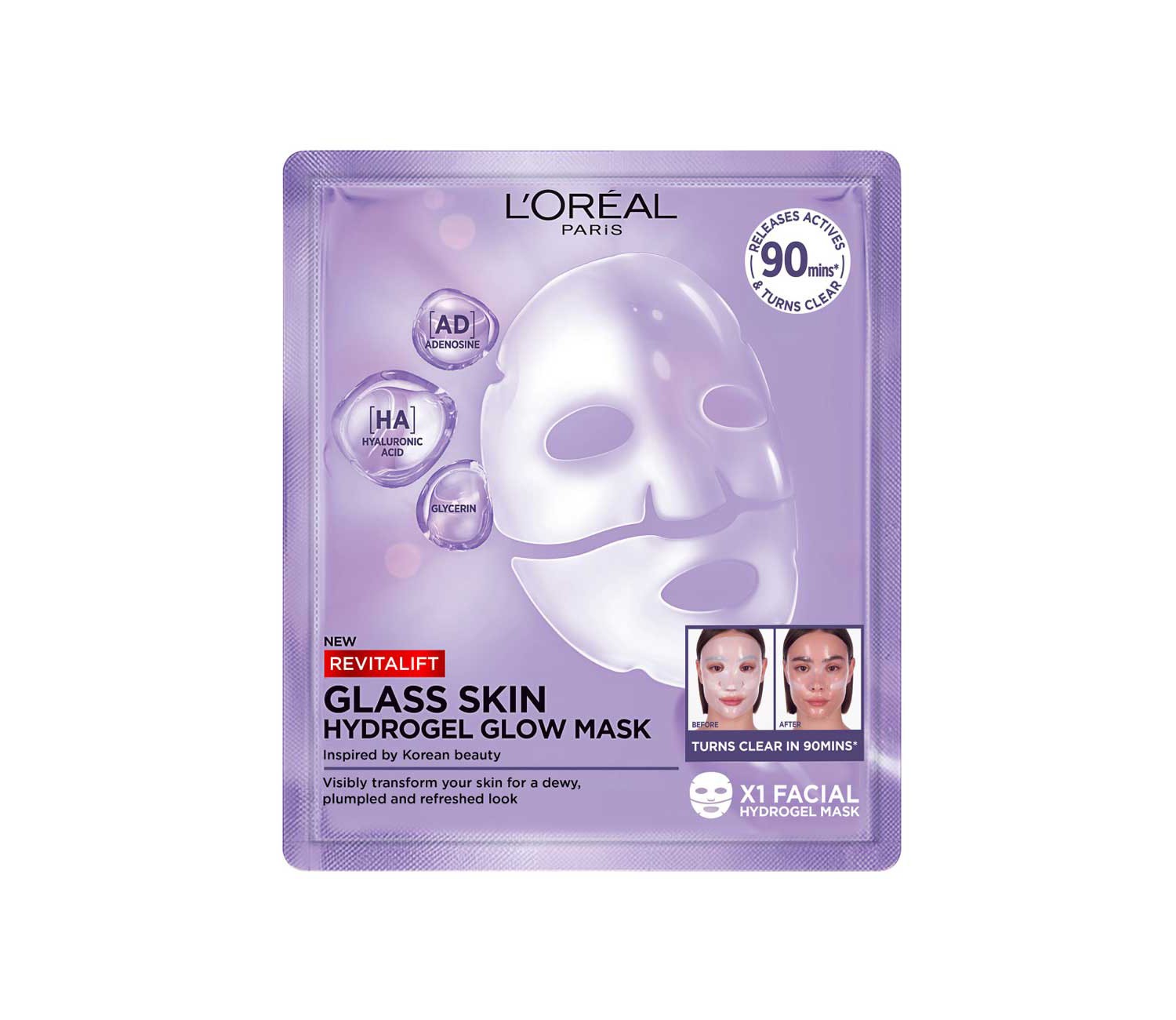 L'Oréal Paris Revitalift Glass Skin Hydrogel Glow Mask, Korean Skincare Inspired Face Masks, 1pc